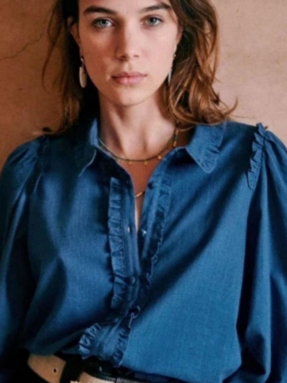 Sezane MacKenzie Blue Maquis Ruffle Puff Sleeve Button Down Blouse - Picture 7 of 9
